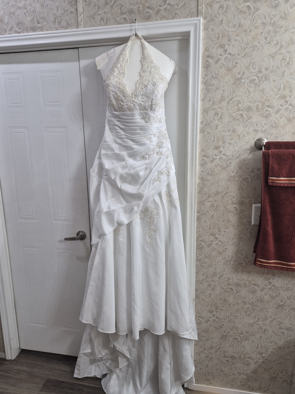 David's Bridal White Halter Lace Wedding Gown with Beaded Accents